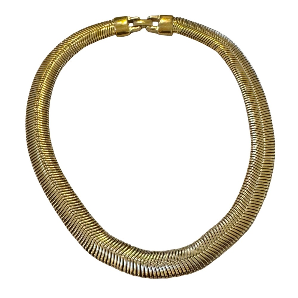 Erwin Pearl Gold Tone Omega Collar Necklace Chevron Textured Vintage 16 Inch - Picture 2 of 10